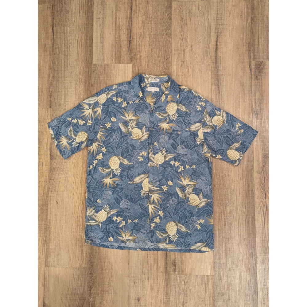 Vintage 90s Pierre Cardin Hawaiian Camp Shirt Rayon Pineapple Blue Korea L